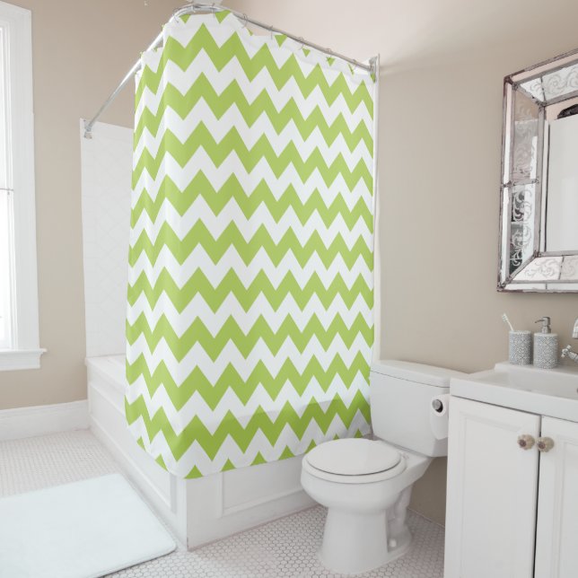 Green Zigzag, Green Chevron, Geometric Pattern Shower Curtain (In Situ)