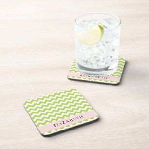 Green Zigzag, Green Chevron, Your Name Coaster