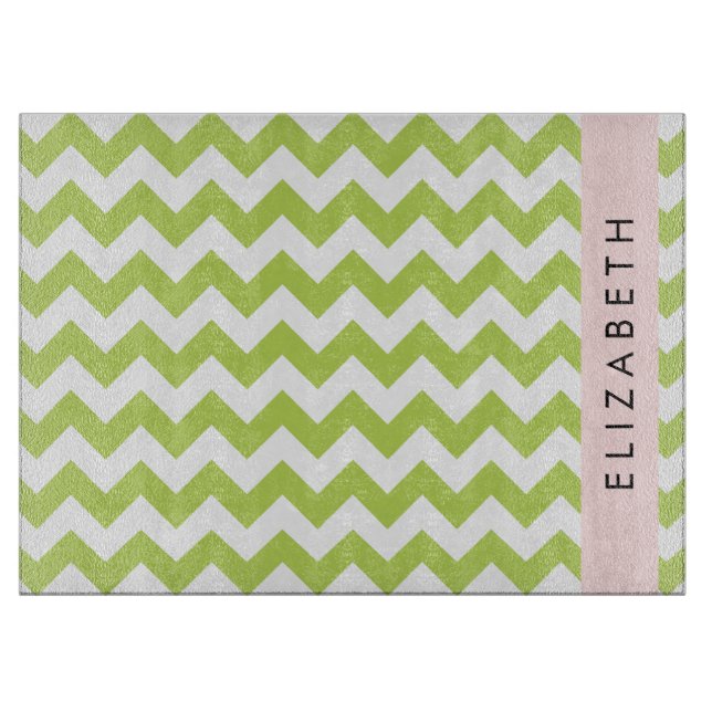 Green Zigzag, Green Chevron, Your Name Cutting Board (Front)