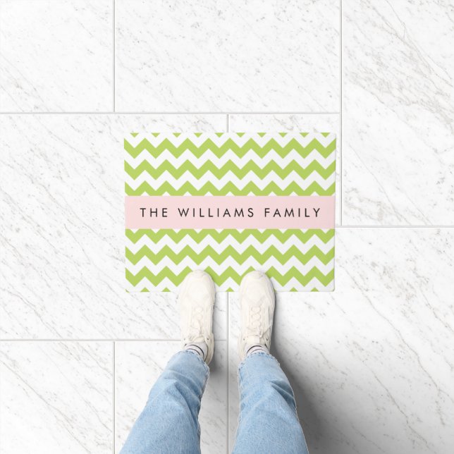 Green Zigzag, Green Chevron, Your Name Doormat (Indoor)