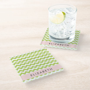 Green Zigzag, Green Chevron, Your Name Glass Coaster