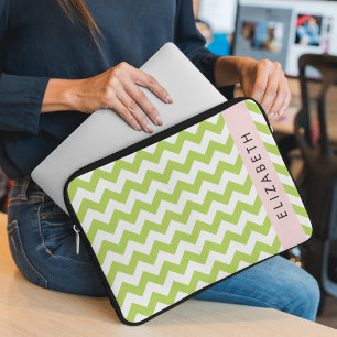 Green Zigzag, Green Chevron, Your Name Laptop Sleeve
