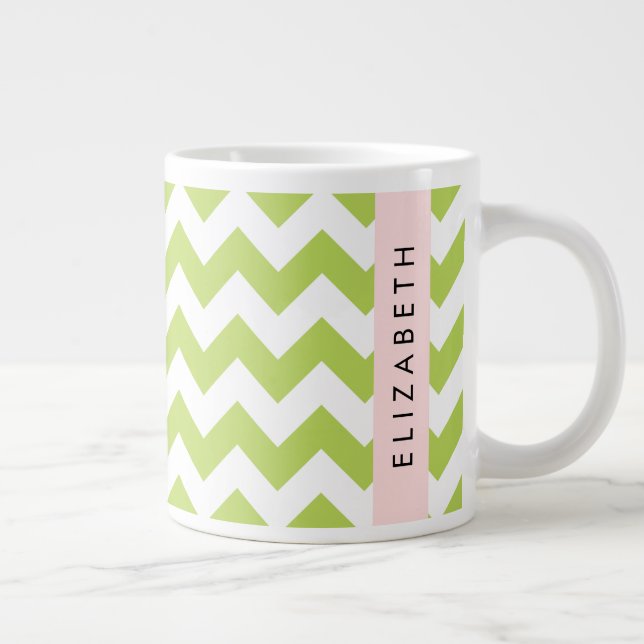 Green Zigzag, Green Chevron, Your Name Large Coffee Mug (Right)