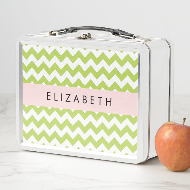 Green Zigzag, Green Chevron, Your Name Metal Lunch Box (In Situ)
