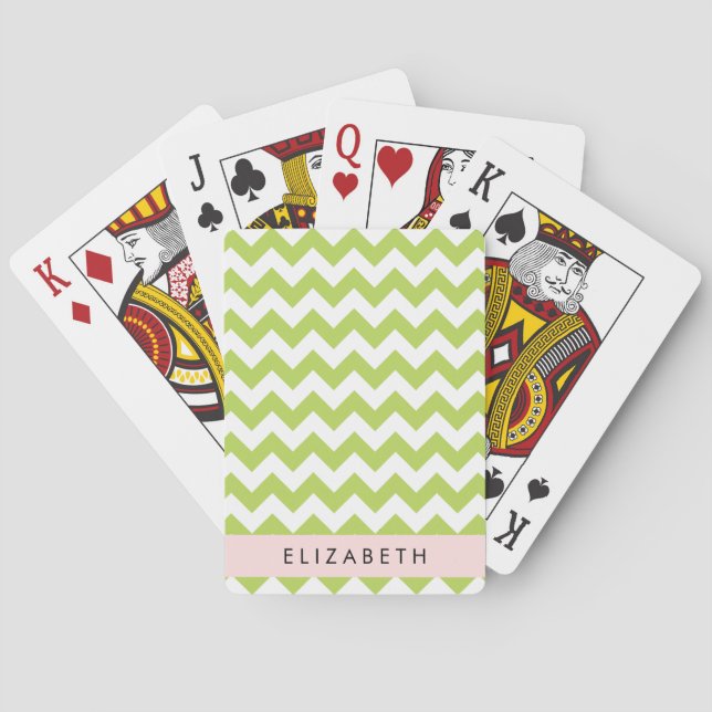 Green Zigzag, Green Chevron, Your Name Playing Cards (Back)