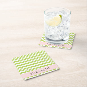 Green Zigzag, Green Chevron, Your Name Square Paper Coaster