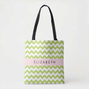Green Zigzag, Green Chevron, Your Name Tote Bag