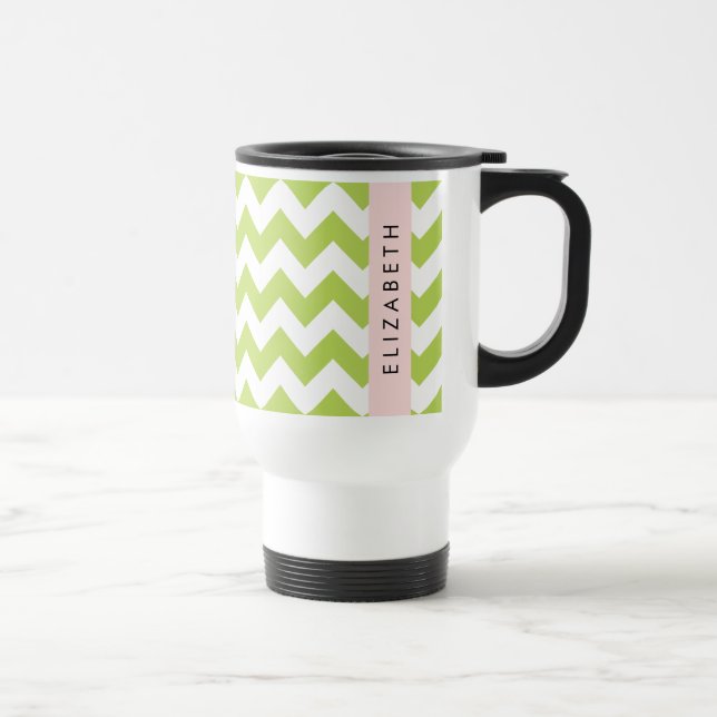 Green Zigzag, Green Chevron, Your Name Travel Mug (Right)