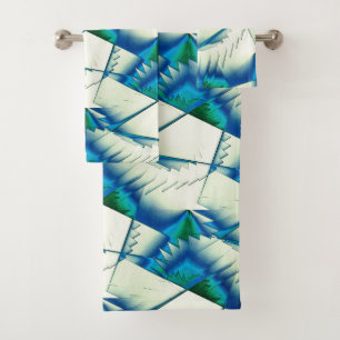 Green zigzag or saws on intense cyan to royal blue bath towel set