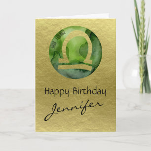 Green Zodiac Sign Libra on Gold Background Holiday Card