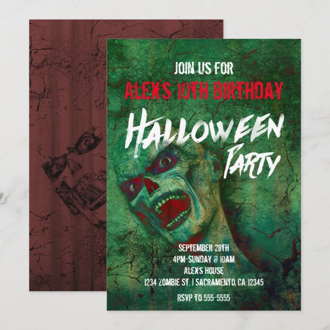 Green Zombie Halloween Party Invitations (Front/Back)