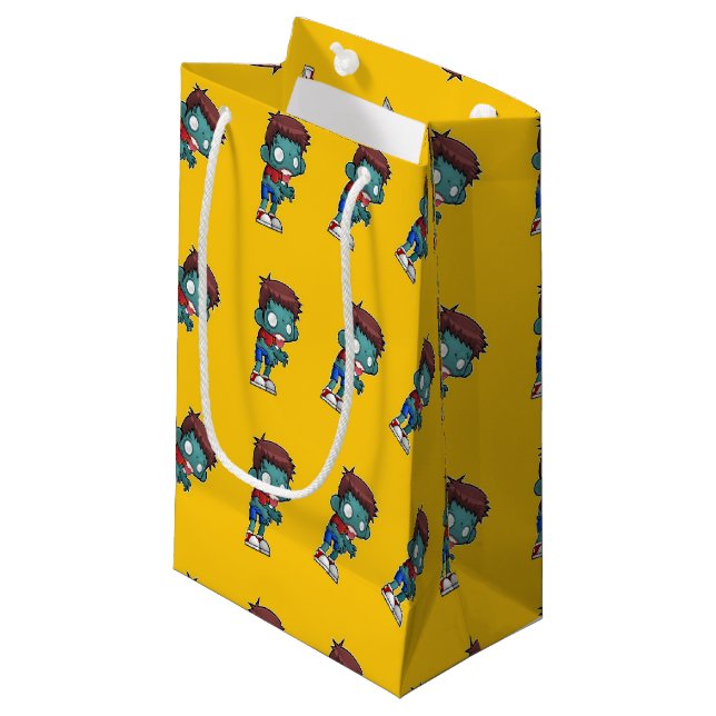Green zombie kid on orange small gift bag (Front Angled)