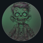 Green Zombie Kid & Slime Halloween Birthday Party Classic Round Sticker<br><div class="desc">Matching items are available.</div>