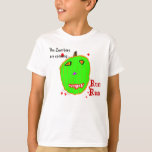 Green Zombie Run T-Shirt<br><div class="desc">My Original Graphic Art Hand-Painted Digital Design. Green Zombie Pumpkin monster shirt for kids or adults. With the wording, "The Zombies Are Coming, Run Run". Scary Halloween Green Pumpkin Jack o' Lantern with Yellow Red Eyes, red white fangs teeth, stitches on his face, stalk and the look of blood drops....</div>