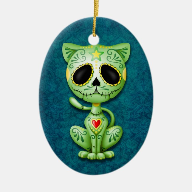 Green Zombie Sugar Kitten on Blue Ceramic Tree Decoration (Front)