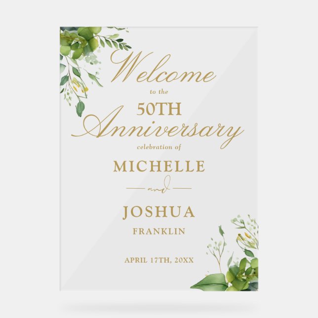 Greenery 50th Wedding Anniversary Welcome Acrylic Sign (Front)