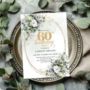 Greenery 60th Birthday Watercolor Leaf Invite