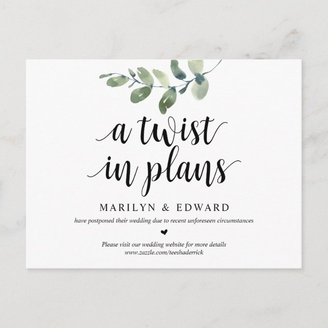 Greenery, A twist in Plans, Wedding Postponed Postcard (Front)