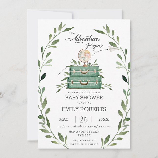 Greenery Adventure Baby Shower Journey Suitcase Invitation (Front)