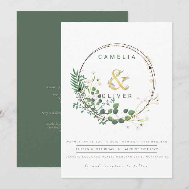 Greenery All-in1 Green Gold Wreath QR Code Wedding Invitation (Front/Back)
