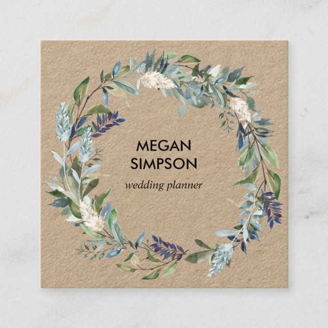 Greenery and Blue Floral Wreath Kraft Square Business Card (Front)