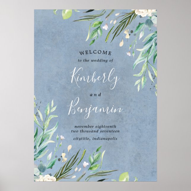 Greenery and Dusty Blue Wedding Welcome Sign (Front)