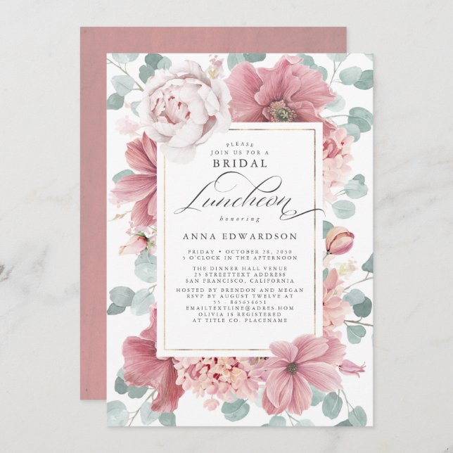 Greenery and Dusty Rose Floral Bridal Luncheon Invitation (Front/Back)