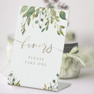 greenery and faux glitter favours pedestal sign