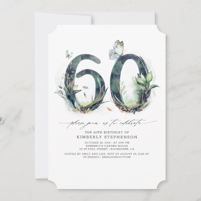 Greenery and Gold 60th Birthday Invitation (Front)