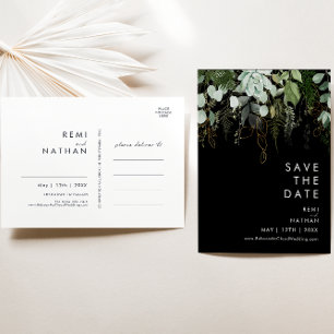 Greenery and Gold Black Save The Date Postcard