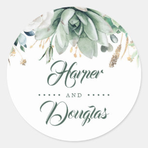 Greenery and Gold Botanical Elegant Wedding Classic Round Sticker