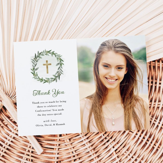 Greenery and Gold Cross | Photo Confirmation Thank You Card (Creator Uploaded)