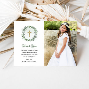 Greenery and Gold Cross Photo First Communion Thank You Card