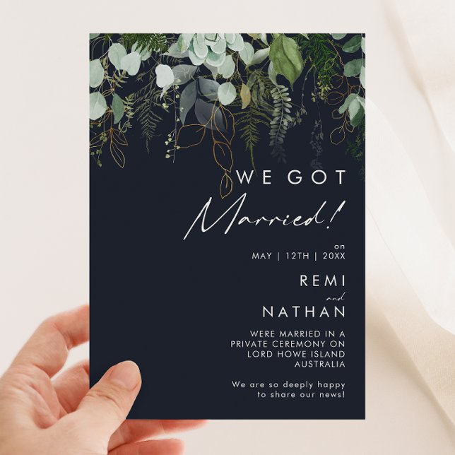 Greenery and Gold Dark Navy Elopement Announcement (Creator Uploaded)