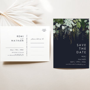 Greenery and Gold Dark Navy Save The Date Postcard