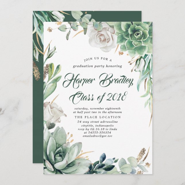 Greenery and Gold | Elegant Graduation Party Invitation (Front/Back)