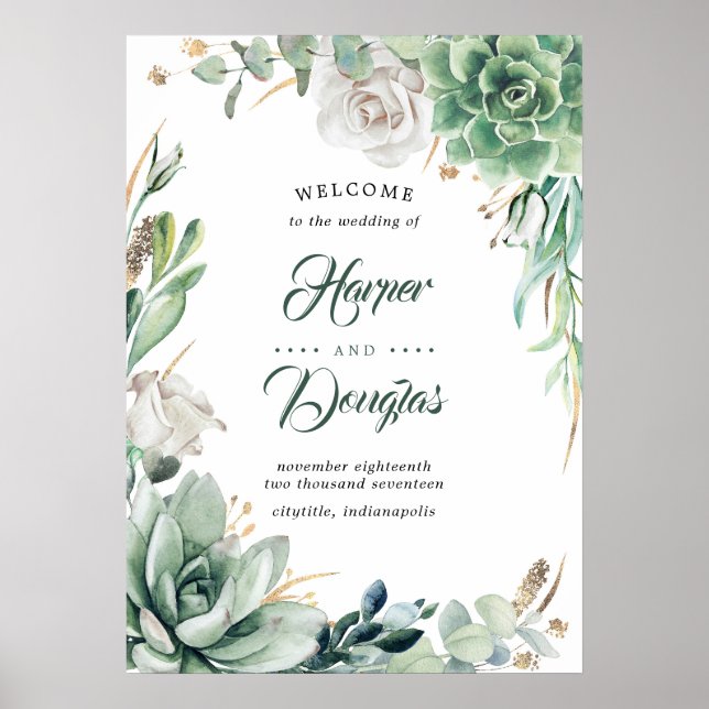Greenery and Gold Elegant Wedding Welcome Sign (Front)