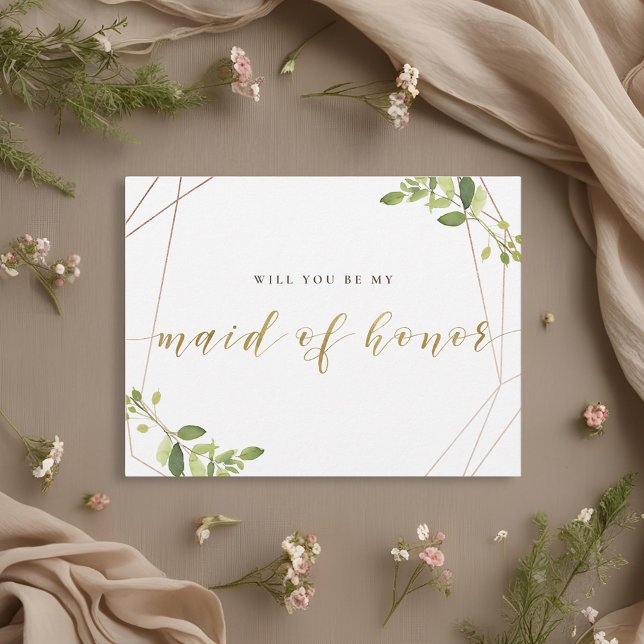 Greenery and Gold Foil Be My Maid of Honour Invitation Postcard (Creator Uploaded)