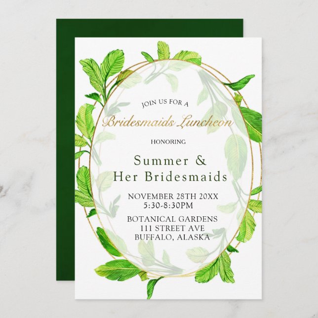 Greenery and Gold Foil Frame Bridesmaids Luncheon Invitation (Front/Back)