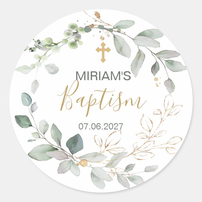 Greenery and gold foliage Baptism Classic Round Classic Round Sticker (Front)