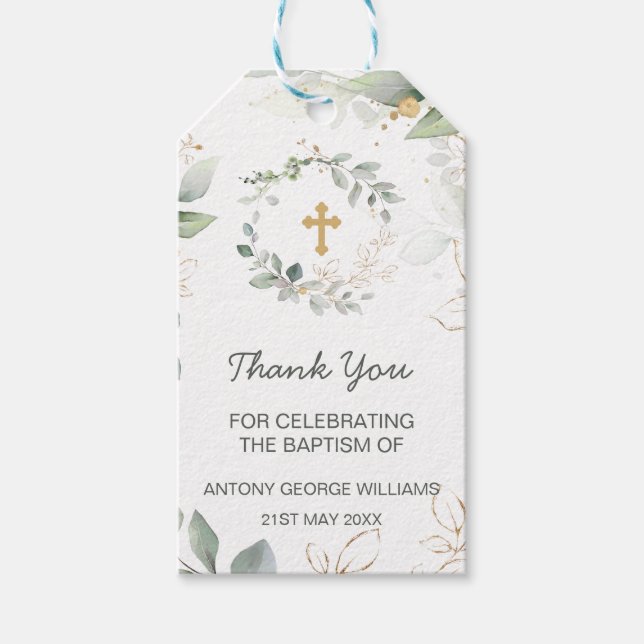 Greenery and gold foliage Baptism Gift Tag (Front)