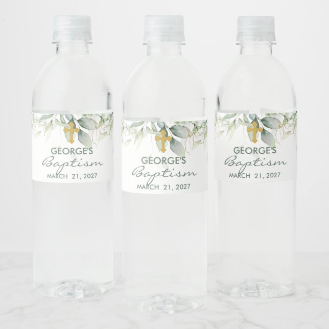 Greenery and gold foliage Baptism Water Bottle Label (Bottles)