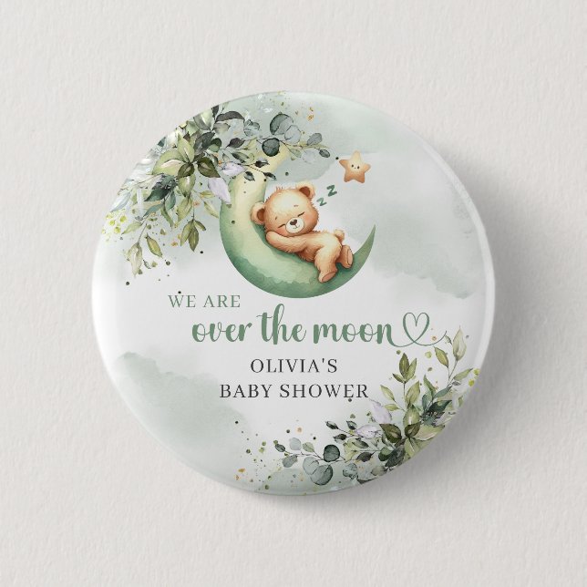 Greenery and gold gender neutral over the moon 6 cm round badge (Front)