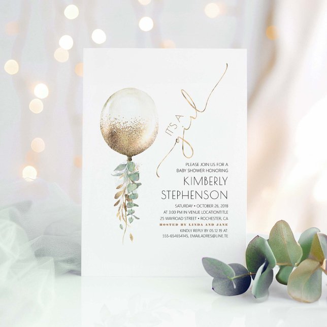 Greenery and Gold Glitter Balloon Baby Shower Invitation (It's a Girl Gold Balloon and Greenery Baby Shower Invitations)