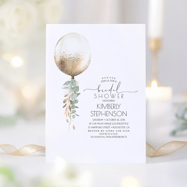 Greenery and Gold Glitter Balloon Bridal Shower Invitation (Elegant Gold and Green Bridal Shower Invitations)