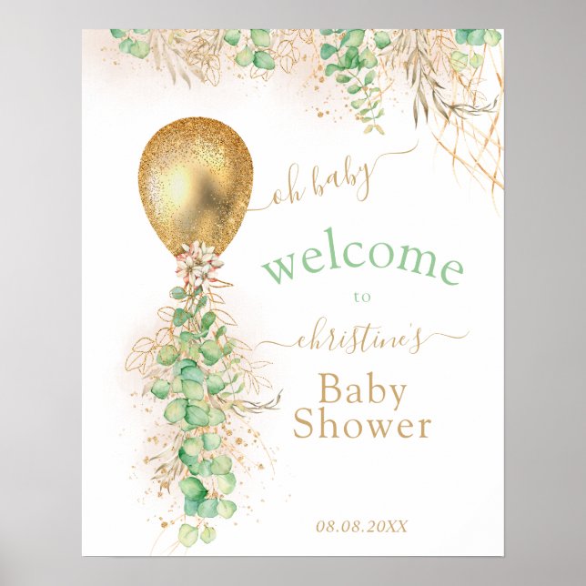 Greenery And Gold Glitter Eucalyptus Balloon Poste Poster (Front)