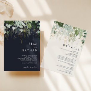Greenery and Gold Leaf   All In One Wedding Invitation