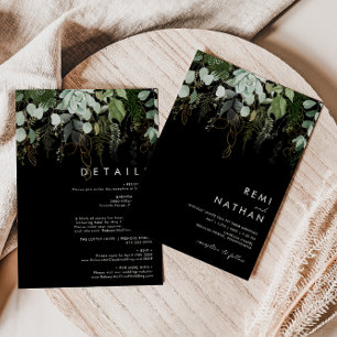 Greenery and Gold Leaf Black All In One Invitation