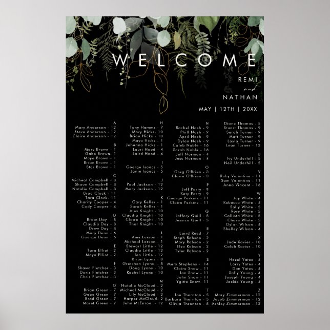 Greenery and Gold Leaf | Black Alphabetical Poster (Front)