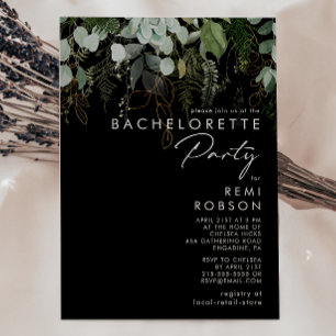 Greenery and Gold Leaf Black   Bachelorette Party Invitation